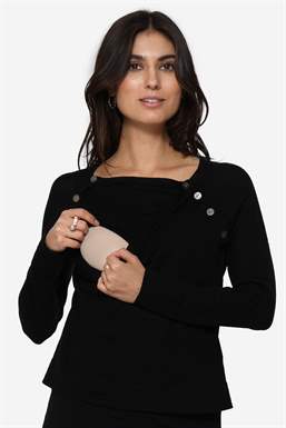 Sort strikket ammebluse med båd udskæring , strikket i 100% Merino uld - Med ammefunktion