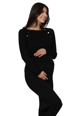 Sort strikket ammebluse med båd udskæring , strikket i 100% Merino uld - Med gravid mave